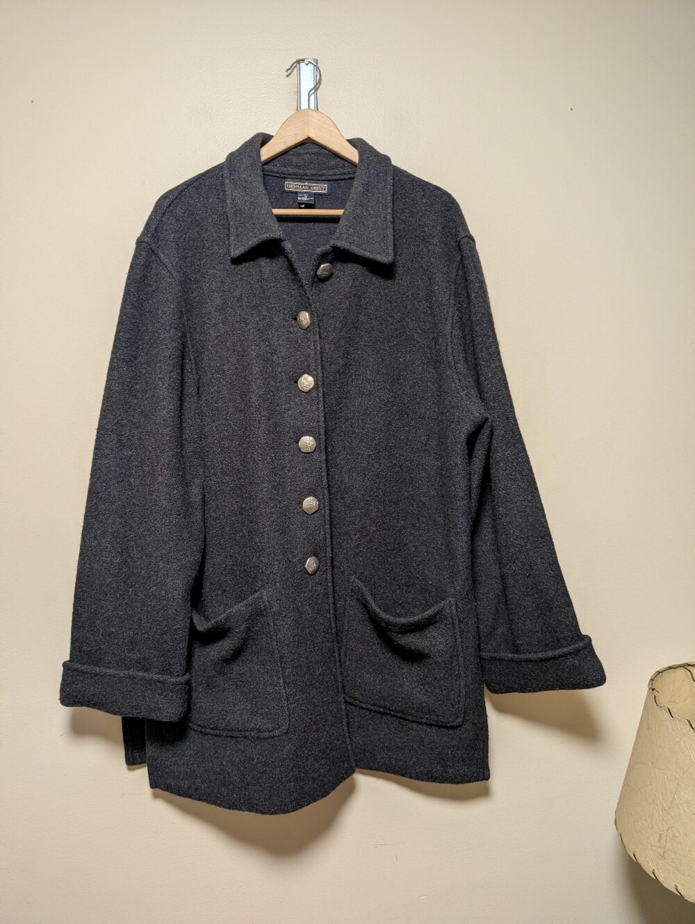 Herman Geist 100% Wool Charcoal Gray Jacket Coat XL Metal Buttons